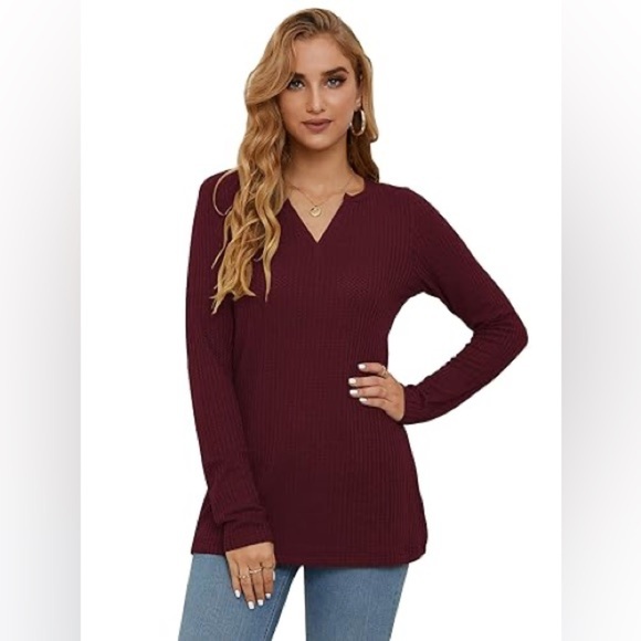 Waffle Knit V Cut Neck Henley Long Sleeve Shirt Sweater in Maroon NWT - Picture 5 of 11